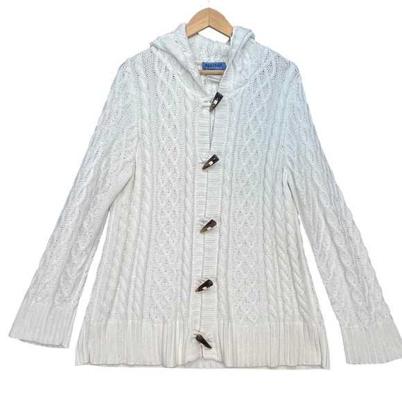 Perfect Carson Kressley White Hooded Cable Knit Toggle Cardigan 1X - Picture 1 of 5